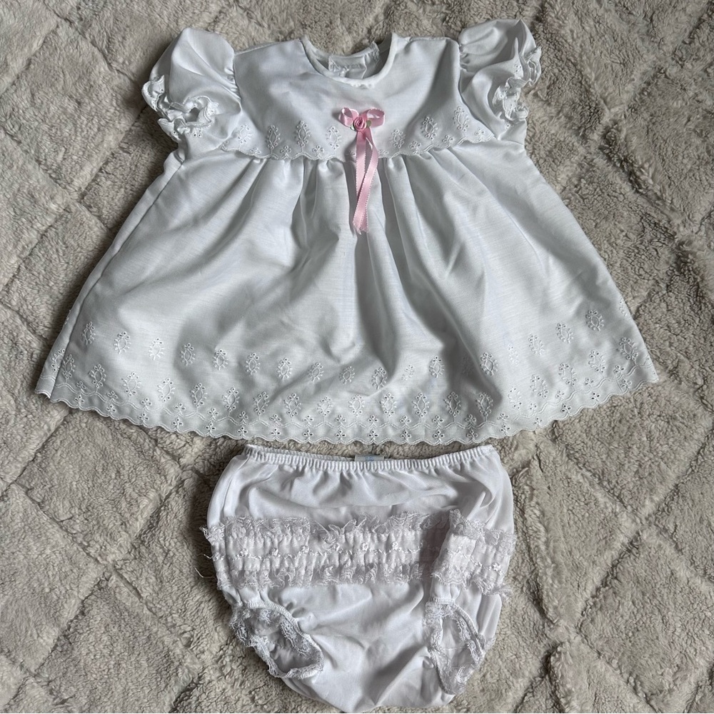 Alexis | White Eyelet Christening Gown/Dress and Bloomers | Size 9 Months